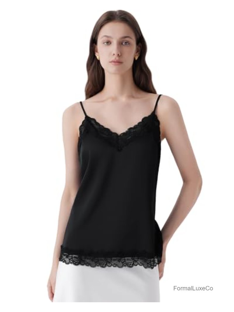 Women's Satin Camisole Tank Top V Neck Lace Trim Sleeveless Blouse